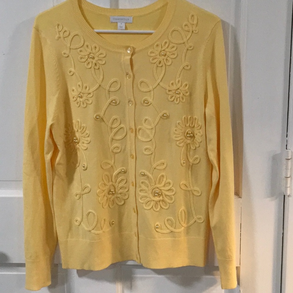 Yellow Embroidered Flower Crewneck Sweater Cardigan